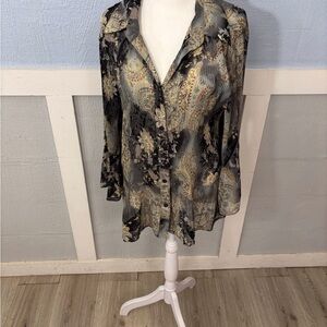 Cato Women’s Floral Button Up Top Blouse 27” Long SZ Sleeved 18/20 W Ribbed LNC